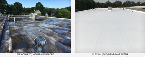 before and after of cool membrane commercial roofing